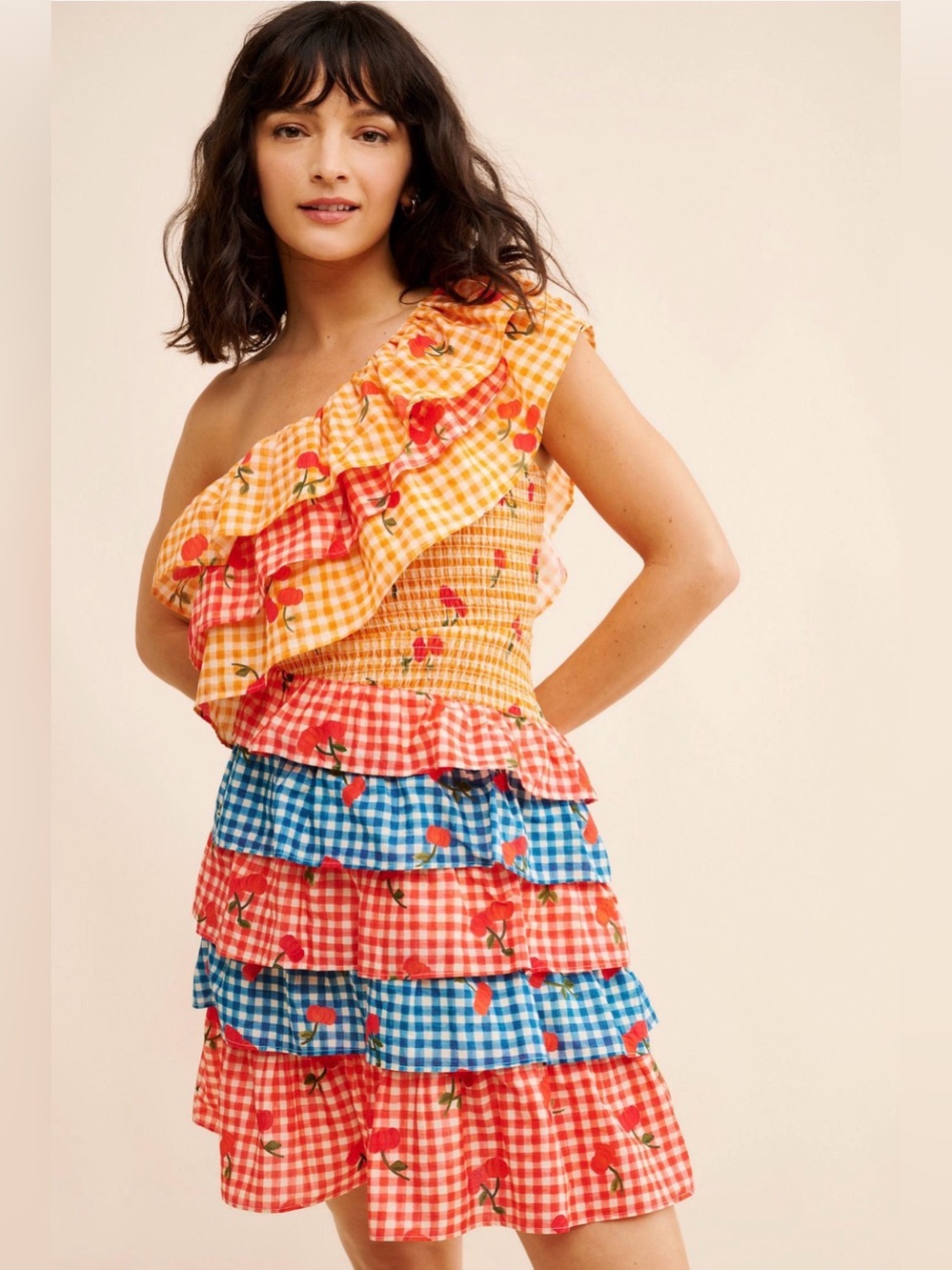 FARM Rio x Anthropologie One Shoulder Cherry Gingham Tiered Mini Dress Small
